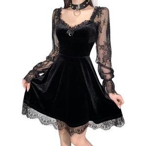 IKADEX Women Gothic Dress Vintage Lace Grunge Punk Goth Dresses Casual Cosplay Party Cocktail SIZE M ( black )