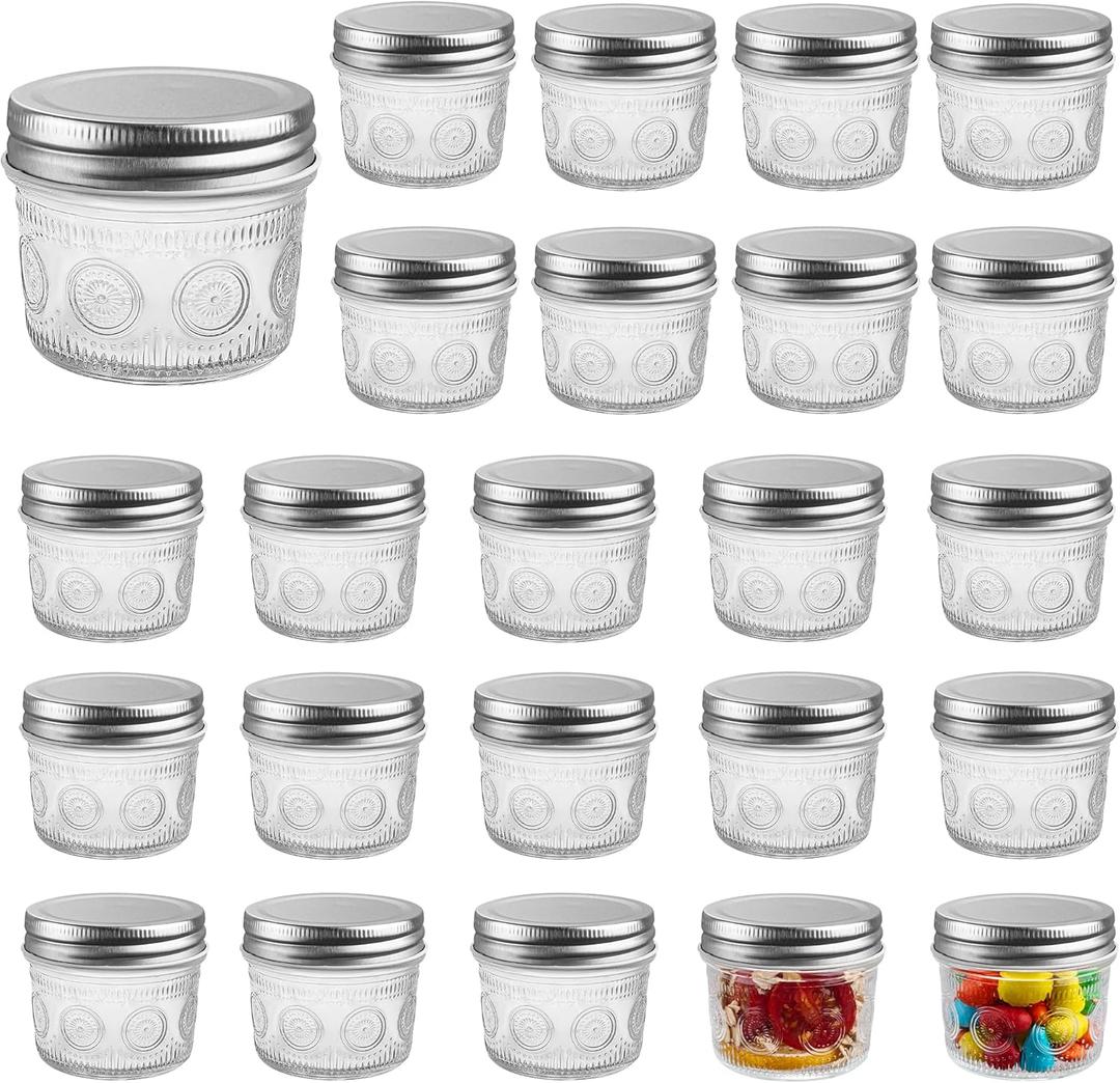 Amzcku 4 oz Glass Mason Jars with Regular Mouth Lids - 24-Pack Glass Canning Jars for Storage, Overnight Oats, Jam, Jelly, Honey, Beans, Spices, Wedding Favors, Shower Favors
