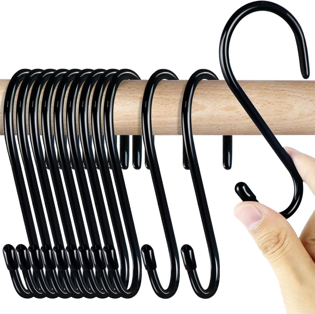 18 Pack Large S Hooks for Hanging, 4-1/2 inch Heavy Duty Rust-Free Closet S Hook, Metal Non Slip Rubber Coated S Hooks Black for Hanging Clothes Jeans Plants Bag Belt Pan Pot Cup Towels Basket Tools