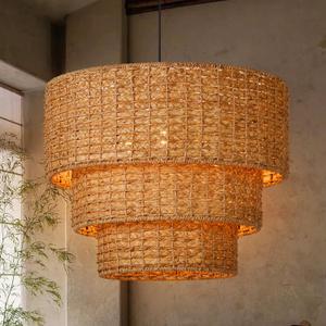 Arturesthome Rattan Pendant Light Fixture Rattan Chandelier 3-Light Natural Handwoven Ceiling Hanging Light,Bohemian Pendant Lighting for Foyer Hallway Bar Dia 19.6* 15.7 (50CM*40CM)