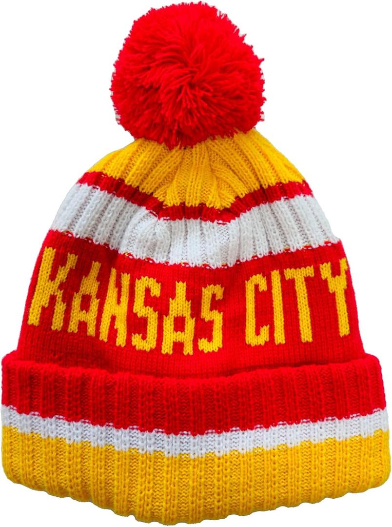 City Beanie Knit Hat with Pom Winter Cuffed Cap Sport Fans Gift (One Size, Kansas)