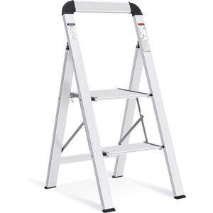 KINGRACK Aluminium 2 Step Ladder, Lightweight Step Stool with Non-Slip Pedals, Handrail, 330LBS Foldable Step Ladder for Kitchen, Garage, Home, Space Saving, Sturdy and Portable, Silver