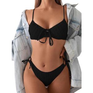 SweatyRocks Women's Ribbed High Cut Bikini Set Bow Tie Side String 2 Piece Swimsuit Bathing Suit (Small, Black)