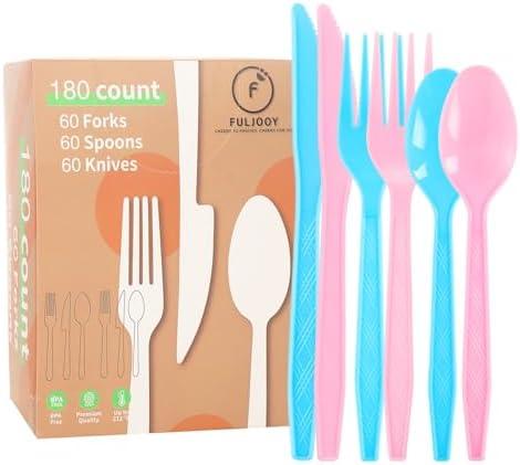 FULJOOY 180Pcs Pink Blue Baby Blue Light Pink Plastic Silverware Heavy Duty Disposable Flatware Cutlery Set Includes Forks Spoons Knives for Baby Shower Gender Reveal Birthday Party Tea Party