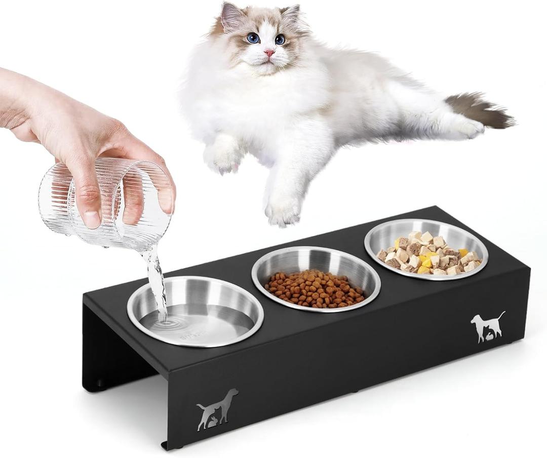 Elevated Cat Food Bowl,15Tilted Stand Anti Vomiting Raised Cat Dishes for Food and Water,3 Stainless Steel Bowls,Non-Slip No Spill,Cats and Puppy