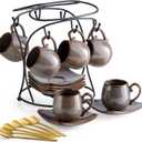 LYEOBOH 3oz Coffee Espresso Cups with Saucers Set of 6, Ceramic Small Coffee Cups with Holder and Spoons, Cute Demitasse Cups for Espresso, Latte, Mocha, Housewarming Gift - Farmhouse, Brown