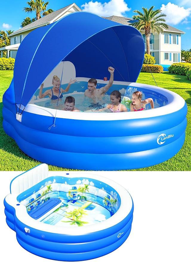 Inflatable Pool with Canopy Inflatable Family Lounge Pool 90*90"*80"
Inflatable Pool With Detachable Canopy & Unique Pattern，0.4mm Thickened Sturdy Pool With Comfortable Bench And Backrest