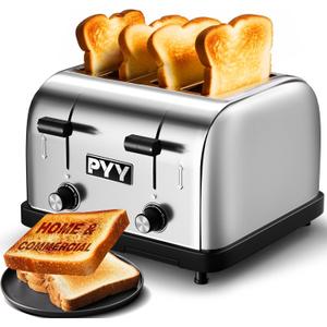 PYY Commercial Toaster 4 Slices - 225 Slices/Hour Stainless Steel Silver Bread Toaster, 1800W with 6 Speed Level, Dual Controls and Removable Crumb Tray, for Family and Commercial
