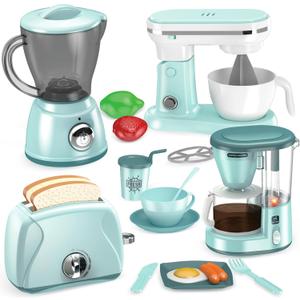 Shemira Play Kitchen Accessories, Play Kitchen Appliances Toy Set with Coffee Maker, Blender, Mixer, Toaster, Kids Kitchen Playset, Toys for 3 4 5 6 7 8 Year Old Girls, Birthday Gifts for Girls (Green)
