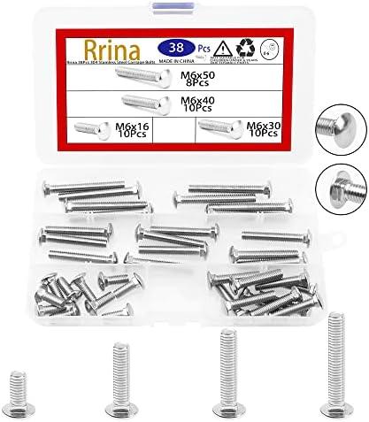 Rrina 38Pcs 304 Stainless Steel Carriage Bolts Round Head Square Neck Screws Coach Bolt Assortment Kit, 5 Sizes M6x16/30/40/50