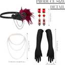7 Pcs 1920s Women's Flapper Dress Sequin Dress Costume Headwear Earring Necklace Glove Stick Set and Long Feather Boa (XX-Large, Red)