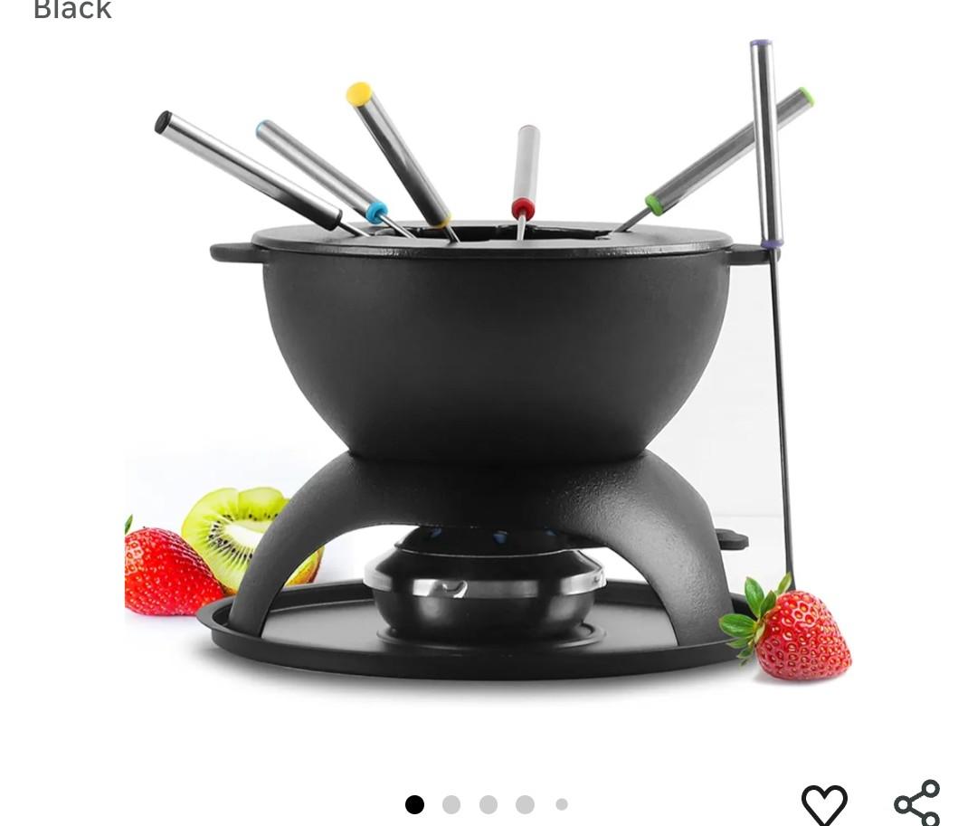 Artestia Cast Iron Fondue Pot for Chocolate, 5-Cup Cheese Fondue Pot with 6 Colored Forks for Fondue Party, 4-6 Person, Black