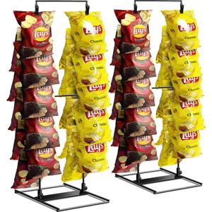 Chip Rack Display Stand 2 Pack, Potato Chip Display Rack with 24 Clips, 2 Row Chip Bag Holder for for Party Display, Snack Retail Display Rack Chip Stand Display for Countertop Store, Black