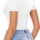 MANGOPOP Short Sleeve Body Suits Women Mock Turtle Neck Zip Up Bodysuit for Women Ribbed Deep V Sexy Bodysuit Shirts, White, Medium