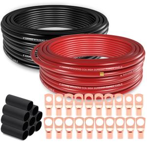 8 Gauge Wire (25ft Each - Red/Black) Copper Clad Aluminum CCA - Primary Automotive Wire,Car Amplifier Power & Ground Cable, 20PCS Lugs Terminal Connectors,20PCS 2:1 Heat Shrink Tubing