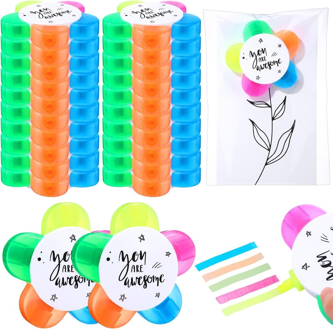 24 Sets Petals Flower Highlighters Gifts 5 in 1 Pens with Motivational Cards and Gift Bags for Party Favor (Awesome)