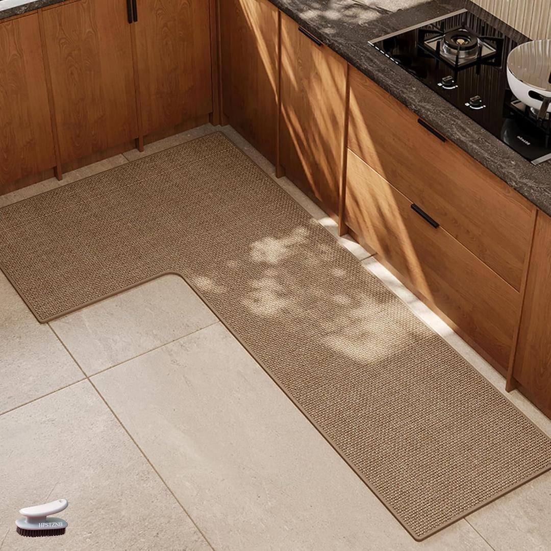 L Shaped Rug Corner Kitchen Rugs Non Slip Washable Mat, L-Shaped Rug Super Absorbent Corner Kitchen Mats Rubber Waterproof Corners Area Runner Kitchen Sink Floor Mat (Khaki Right-L, 31.5X47.2X17.7)