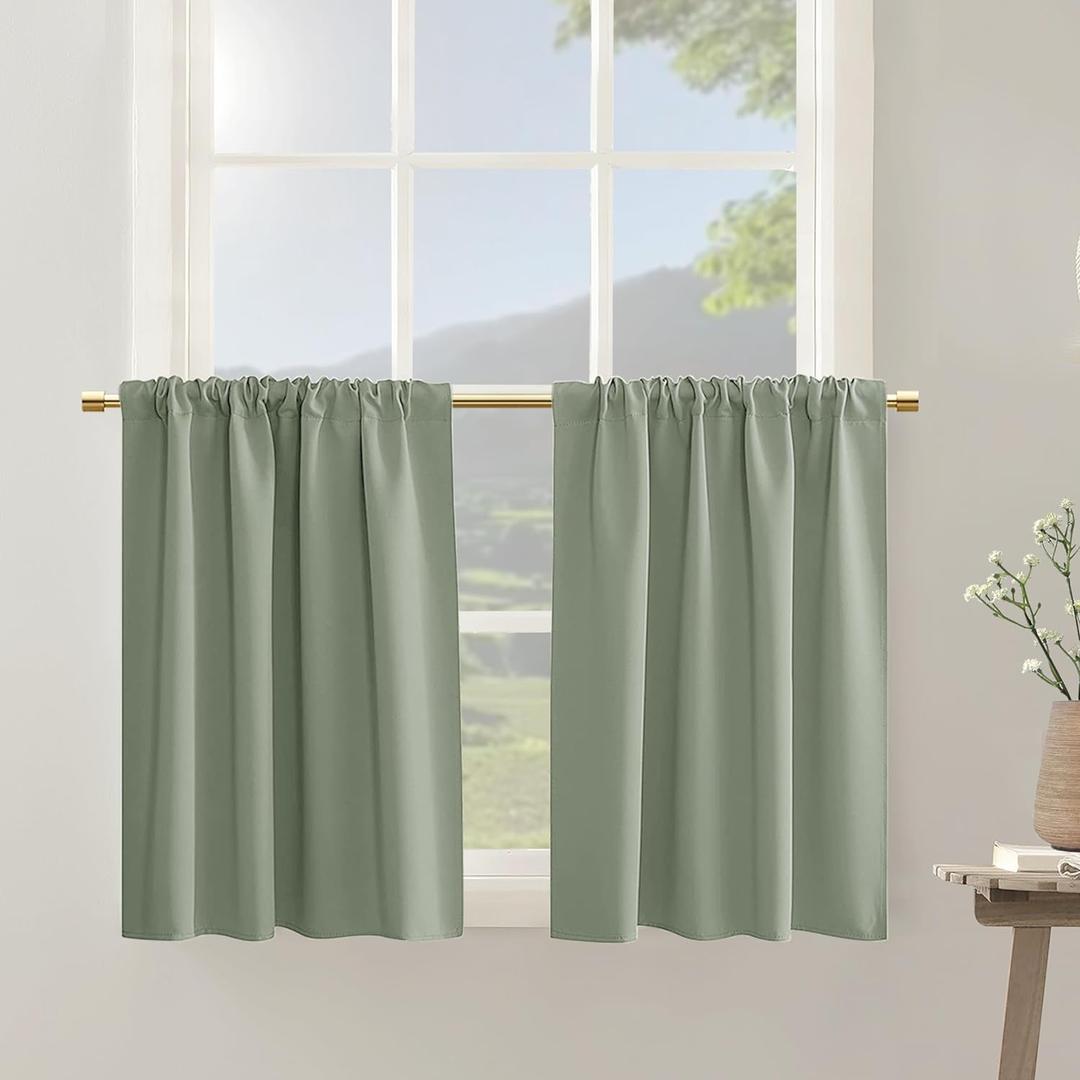 Bathroom Curtains for Small Windows,Blackout Privacy Sage Green Curtains 30 Inch Length for Mini Laundry Room Bedroom Kitchen,Light Green Short Boho RV Curtain for Camper Travel Trailers,2 Panels Set