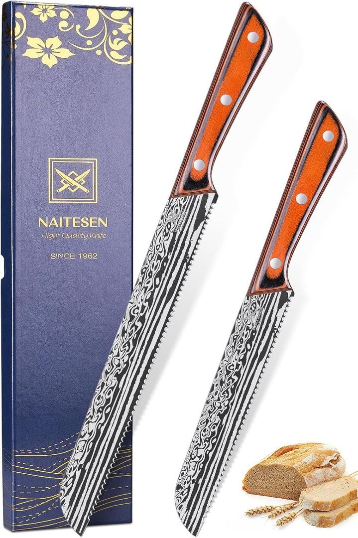 2PCS Serrated Bread Knife Set, Razor Sharp for Homemade Bread Slicing Cutting Baguette, Sourdough Bread, Bagels, Cake Gifts for Men Women
