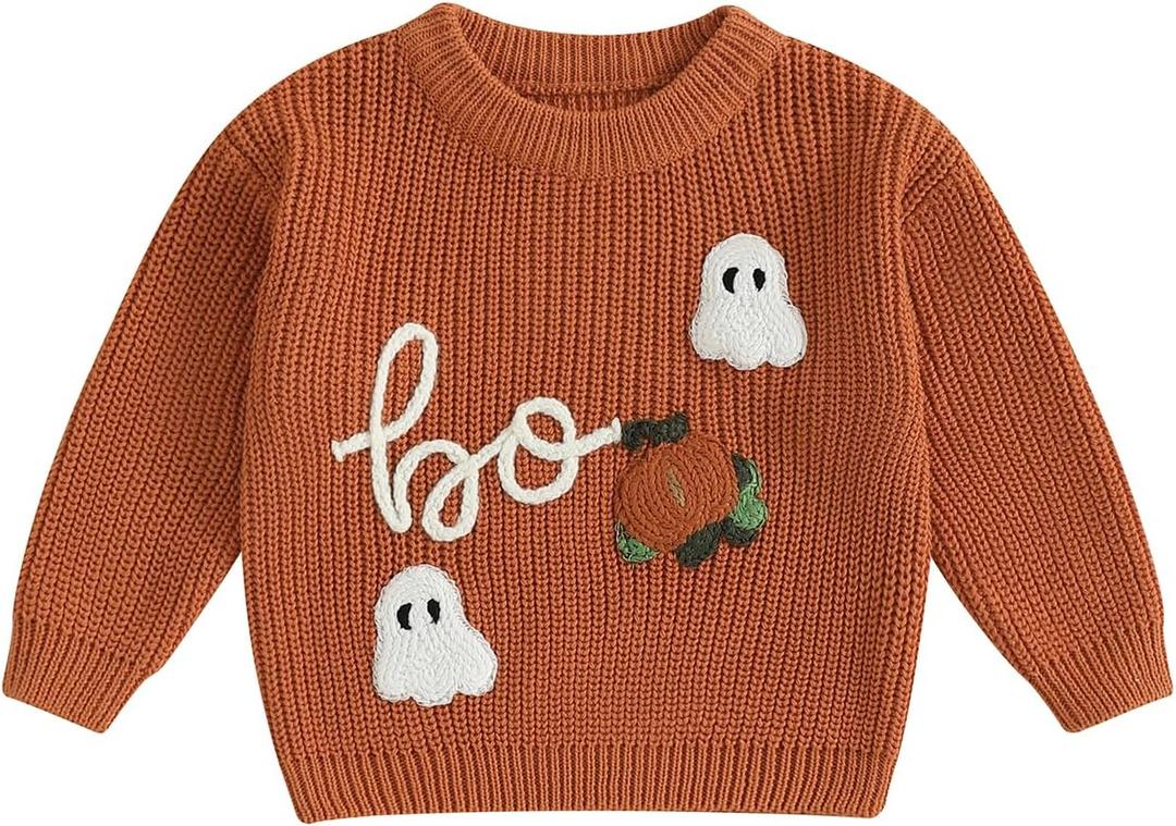 FOMOYUU Baby Girl Boy Knit Sweater Halloween Outfit Embroidery Warm Crewneck Long Sleeve Tops Fall Winter Clothes (12-18 Months, Orange3)