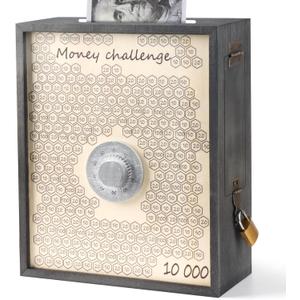 10000 Money Saving Box with Lock, Large Wooden 10k Savings Challenge Box $10,000 Reusable Coin Money Challenge Cash Vault Saving Box Saver Tracker Number Piggy Bank for Adults Kids, Blue