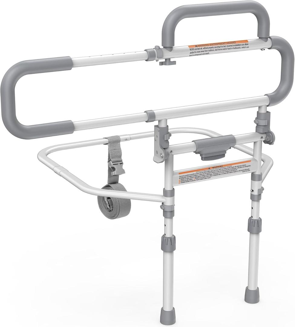 Heavy Duty Bed Rails for Elderly Adults Safety-Foldable Bed Rail for Senior with Adjustable Heights Fits All Bed SizesBed Handle Bedside Assist with Pocket -504M (White and Gray)