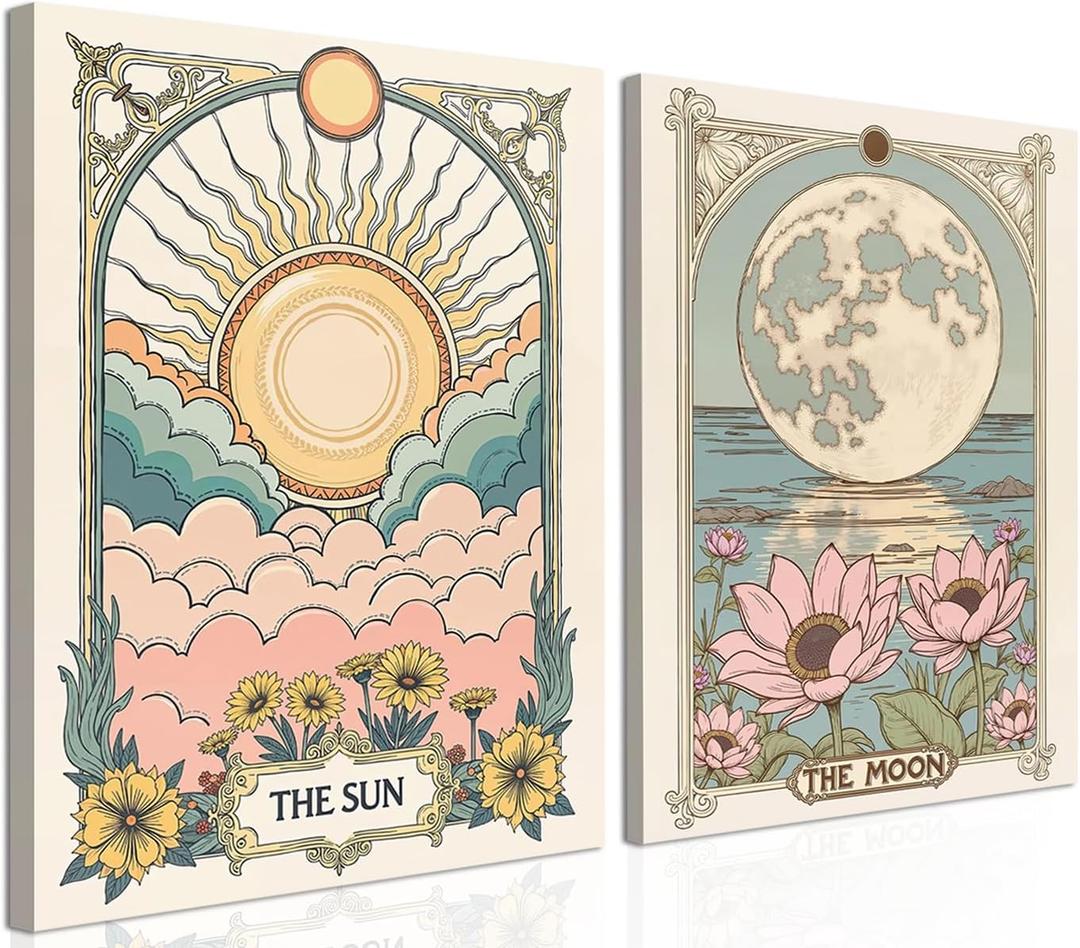 Sun and Moon Celestial Wall Art Set of 2, Vintage Tarot Astrology Wall Decor, Sun Flower and Full Moon Lotus Poster Canvas Painting Prints Picture for Bedroom Living Room 12x16 inch Framed