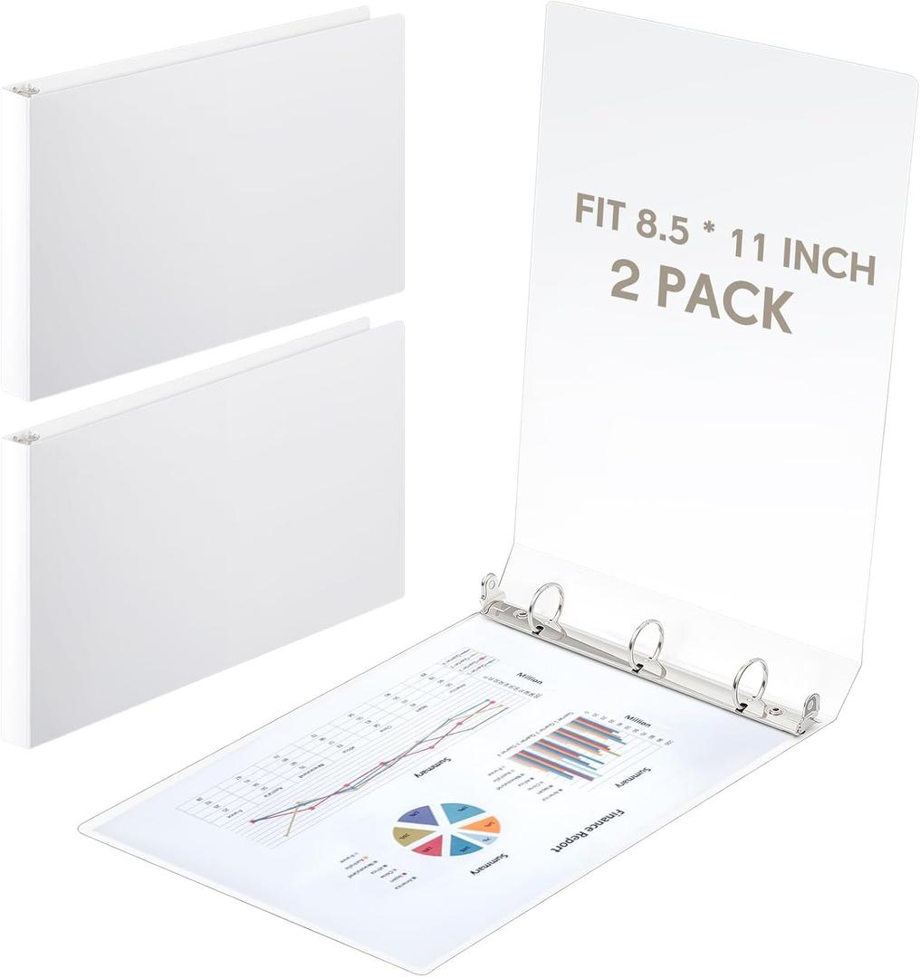 2 Pcs 8.5'' x 11'' Landscape 3 Ring Letter Size Binders 1 Inch White Plastic Flexible Round Ring Binders Heavy Duty Economy Holds 175 Sheets for Artwork Blueprints, Office, Home, Work Places