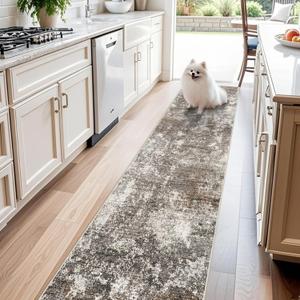 2x10 Washable Hallway Runner Rug Non-Slip Stain-Resistant Low-Pile Long Carpet Runner for Kitchen Entryway Living Room Bedroom Bathroom, Modern Abstract Neutral (Brown Beige,2x10)