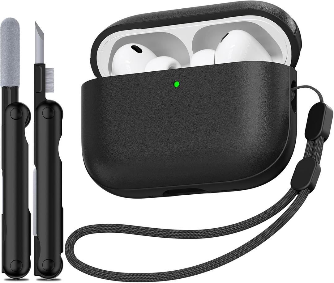 for AirPods Pro 3 Case (2025), TNSNK Leather Texture Full-Body Protective Airpods Pro 3rd Generation Case Cover with Lanyard & Cleaner Kit, Wireless Charging Support, Front LED Visible (Black)
