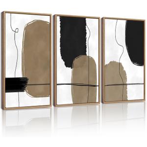 KUVIOKE Abstract Wall Art Framed Neutral Beige Mid Century Textured Artwork Black Minimalist Line Modern Illustrations Bedroom Hallway Ready to Hang 16x24in (Natural Framed)