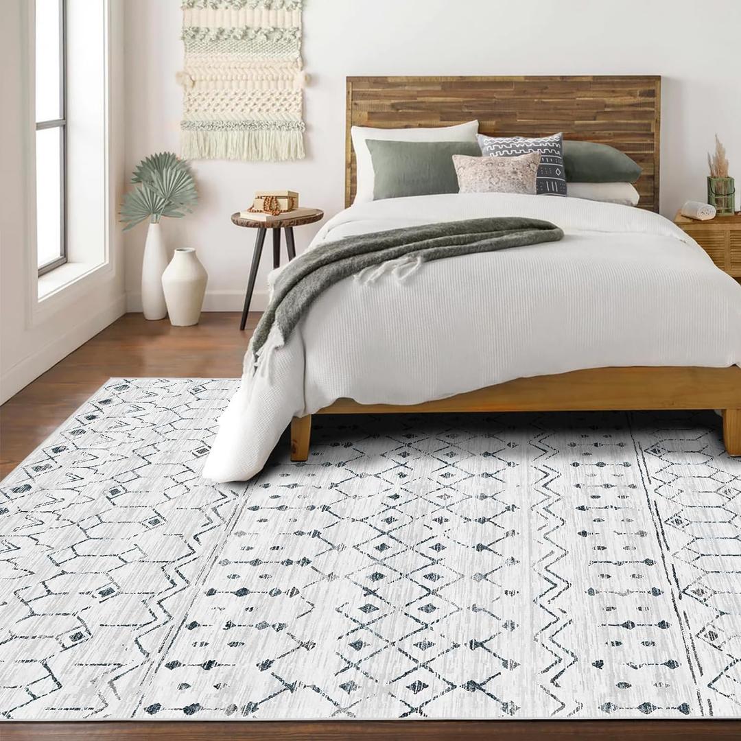 Deerly Moroccan Area Rugs 5x7 Washable Rug Distressed, Boho Farmhouse 5x7 Rug with Non-Slip Backing, Soft Low Pile Indoor Floor Carpet Neutral Rug for Bedroom Playroom, White/Dark Grey