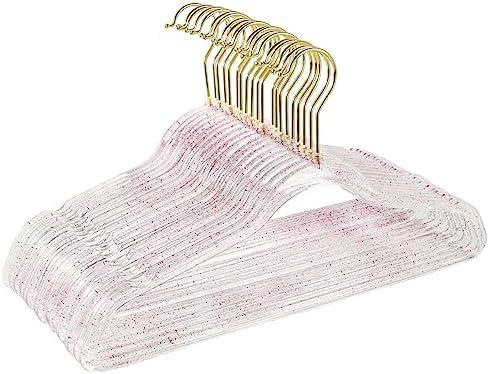 JohneyRulu Clear Plastic Hangers 30-Pack - Non-Slip, Lightweight, Space-Saving Coat and Clothes Hangers with Red Glitter for Weddings and Closet Organization.