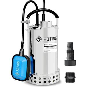 FOTING Full 304 Stainless Steel Sump Pump with Float Switch - 1HP 4600GPH Automatic Submersible Water Pump Fast Water Removal in Pools, Basements, Sewage, Hot Tubs Heater Flush Pit, ponds w/ 16FT Cord