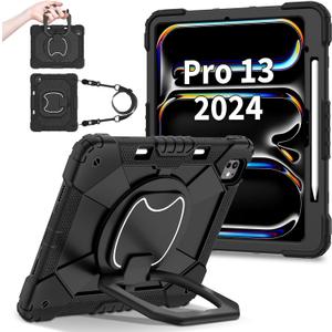 Protective Case for iPad Pro 13 inch 2024 M4(Model:A2926/A3007),Heavy Duty Full Body Shockproof Cover with 360Rotating Kickstand,Pencil Holder for Kids,Hand Grip/Shoulder Strap,Black