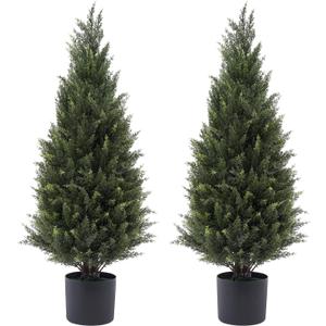 3ft(35) Artificial Cedar Outdoor Artificial Shrub Sunlight Resistant Leafy Potted Plant for Indoor Porch of Home and Office Artificial Outdoor Tree 2 Pieces a Set Topiary Trees