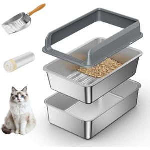 All Stainless Steel Sifting Litter Box with Lid,Metal Sifting Cat Litter Box for Pine Pellets,High Sides Sifter Litter Pan System for Kittens,Odor Control,Sifting Box Liners and Scoop