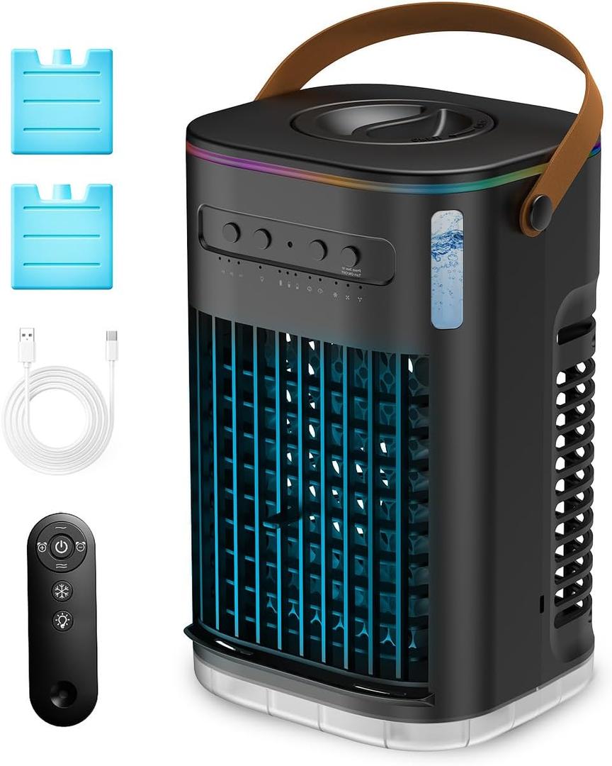 3-IN-1 Portable Air Conditioners, Personal Air Cooler w/2Ice Packs & 1.2L Water Tank, Remote, Powered by USB, Mini Air Conditioner for Desktop Bedroom Room,Dark Gray No Battery