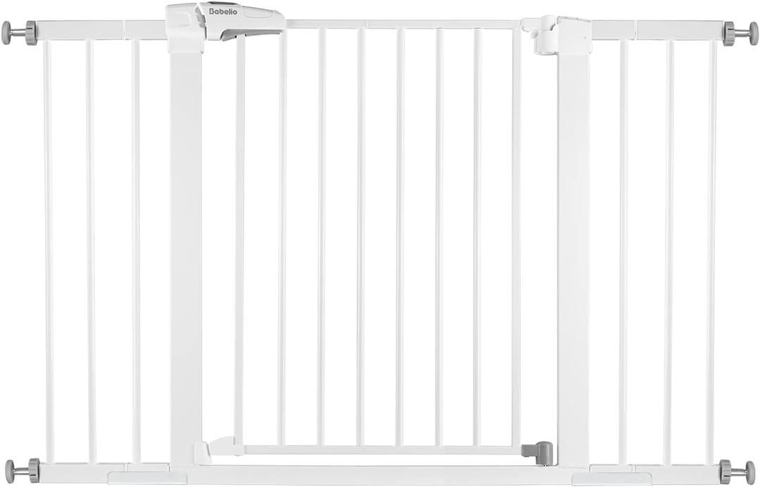 BABELIO Metal Baby/Dog Gate 29''-48'' Auto Close Extra Wide Pet Barrier for Stairs & Doorways, Pressure Mounted Walk Thru Child Door, NO Need Tools and Drilling, with Wall Cups (White)