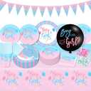 Gender Reveal Decorations, Baby Shower Party Supplies 124 Pieces Paper Plates, Cups, Napkins, Tablecloths, Black Balloon, Banner, Tableware Set Disposable Dinneware