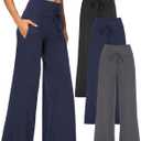 Showitty 1/3 Pack Women's Wide Leg Pants with Pockets, Casual Loose Pajama Palazzo Trousers Sweatpants for Yoga Lounge (X-Large, 01 Black, Dark Grey, Navy Blue)