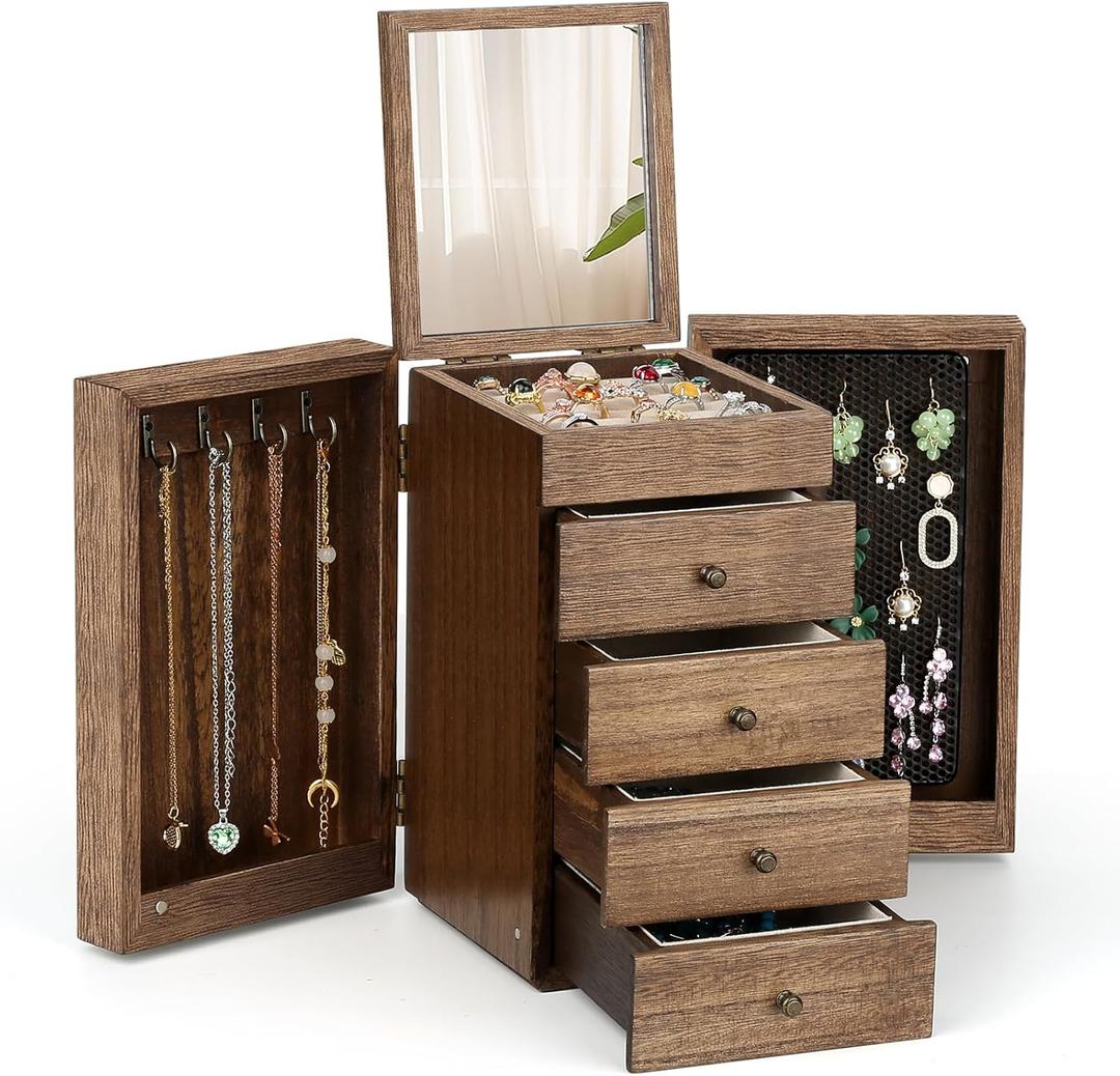 Meangood Jewelry Box Wood for Wowen, 5-Layer Large Organizer Box with Mirror & 4 Drawers for Rings, Earrings, Necklaces, Walnut