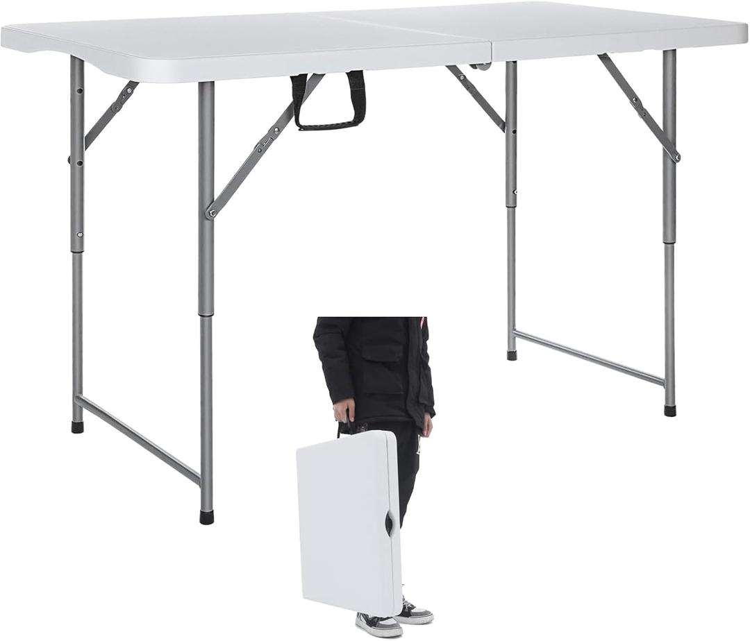 Folding Table 4-Foot Heavy Duty Plastic Utility Table Portable Thick Table Top Indoor Outdoor Adjustable Height with HandleTable,Sewing table Camping Party Gathering 330lb Weight Capacity White