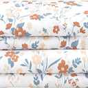 Softan Floral Queen Sheet Set Orange Flower Printed Bed Sheets - 4 Piece Soft Microfiber Patterned Fitted Sheets with 15" Deep Pocket and Corner Straps, Cute Spring Sheets & Pillowcase Set