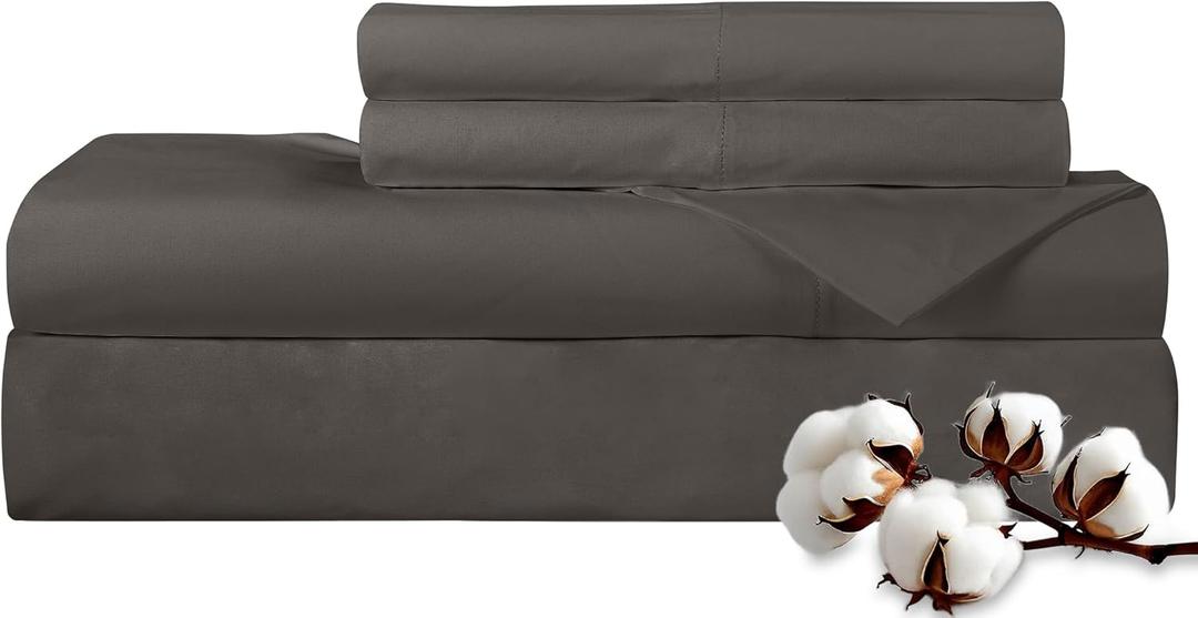 ROYALE LINENS 300 Thread Count 100% Long Staple Combed Cotton Sheet Set - 4 Piece Queen Bed Sheets - 1 Fitted, 1 Flat & 2 Pillow Cases - Soft Cool & Crisp Sheet Set (Queen, Grey)