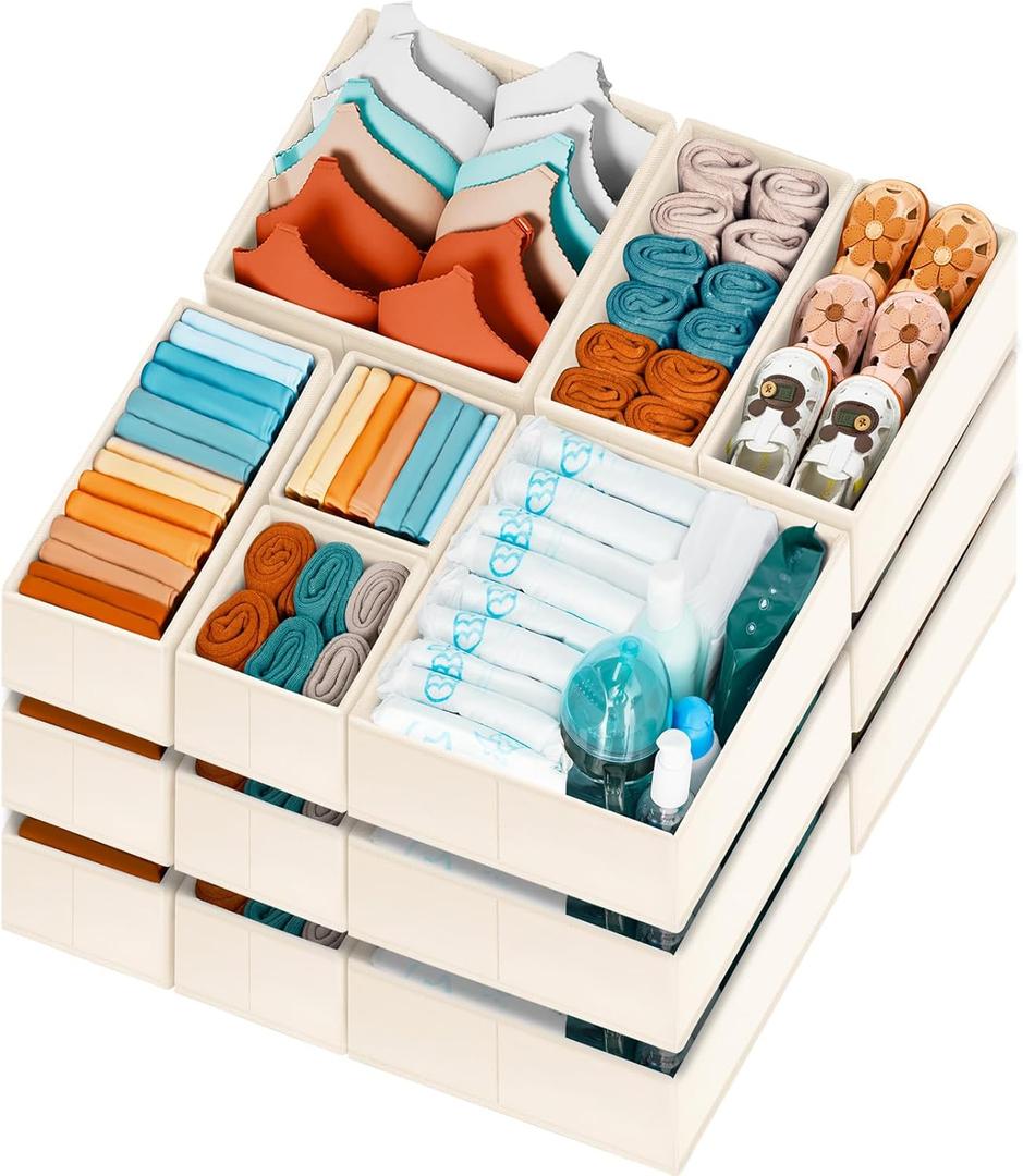 FAMILY PACKDrawer Organizer Clothes, 20 Pack Dresser Organizer Bins for Baby Clothes - Underwear Bra Sock Organizer - Fabric Closet Organization and Storage Dividers for Nursery Bedroom Dorm (Beige)