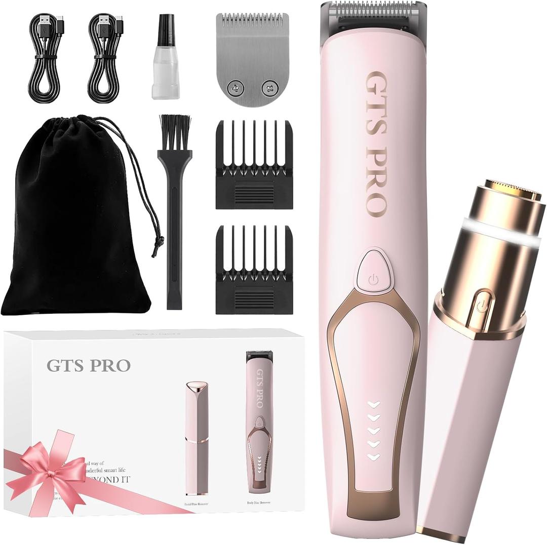 Bikini Trimmer for Women Electric Razor 2 Pack Dual Head Body & Facial Hair Remover -Waterproof USB Rechargeable with Replacement Ceramic Blades, Travel Pouch & Packaging Box(Pink)
