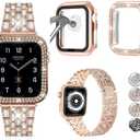 3-Pack Compatible For Apple Watch Band 38mm 40mm 41mm 42mm 44mm 45mm 46mm 49mm with Case, Bling Diamond Metal Band with Diamond Case + Screen Protective Cover For iWatch Series 10 9 SE 8 7 6 5 4 3 2 1 (Rose Gold, 42mm Series 10)