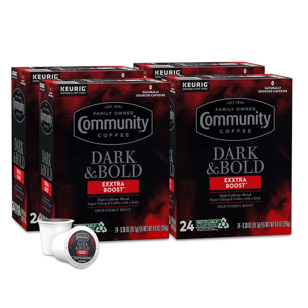 Community Coffee Dark & Bold Exxtra Boost 24 Count Coffee Pods, Compatible with Keurig 2.0 K-Cup Brewers, Pack Of 4