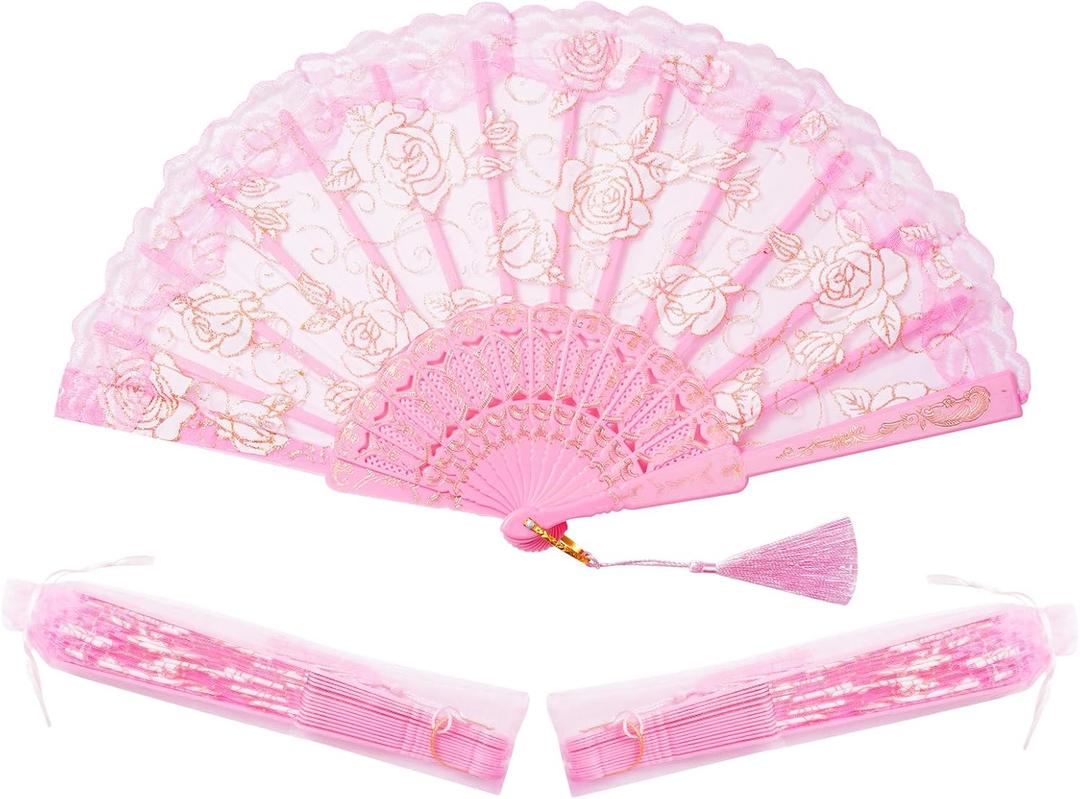 30pcs Pink Rose Lace Floral Folding Hand Fans Chinese retro folding fan Bridal Dancing Props Church Wedding party favors with Organza Bags